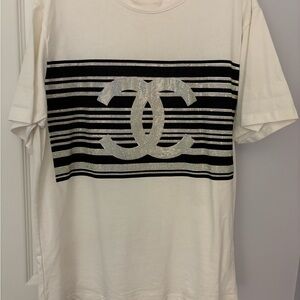 CHANEL White and Black Short Sleeve Tee